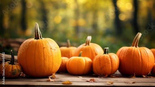 Various pumpkins on wooden surface with blurred forest background