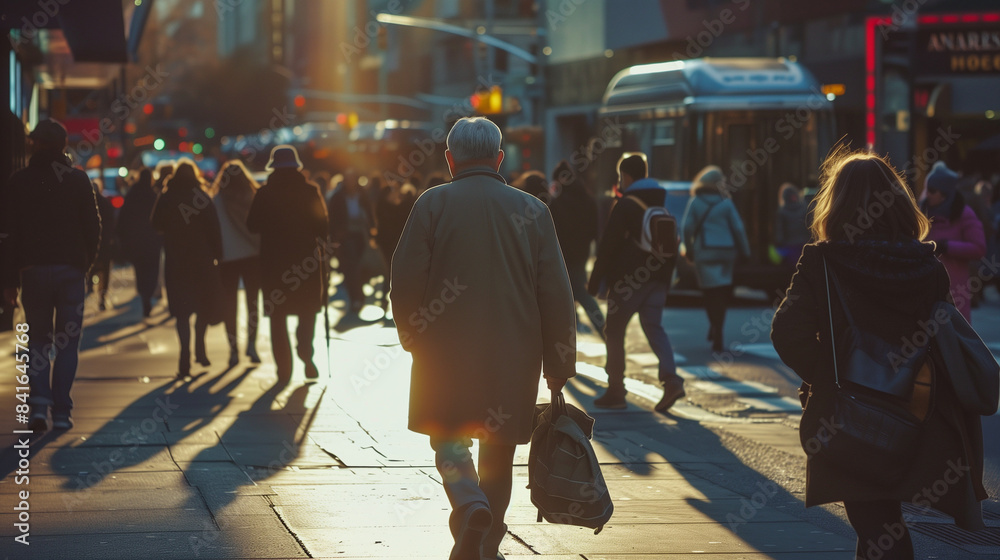 Obraz premium A natural portrayal of city life, with people of different characteristics and cultural backgrounds crossing paths on the streets, highlighting the city's social and cultural richness.
