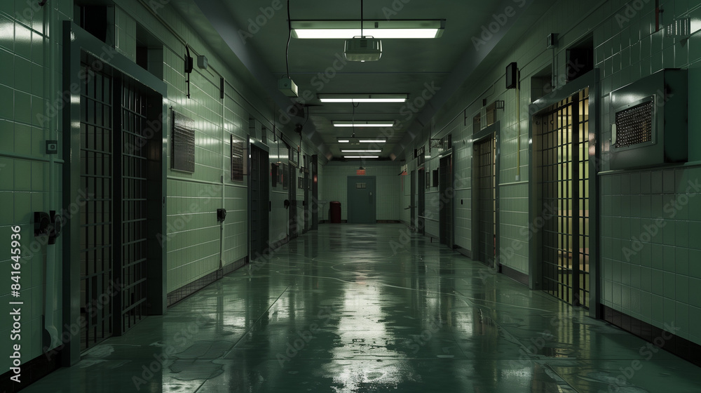 Obraz premium In the painting we see an evening view of the interior of prison cells.