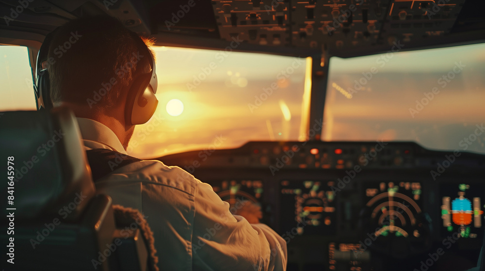 Fototapeta premium A pilot preparing for takeoff in the cockpit of a passenger plane.
