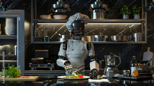 A high-class restaurant kitchen, where the chef in the form of an advanced AI robot prepares exquisite dishes with precision and speed.