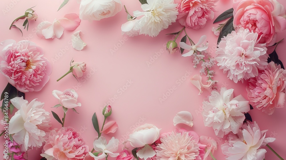 Peonies flowers on background blank top view, spring floral background Peonies flowers on background blank top view, spring floral background