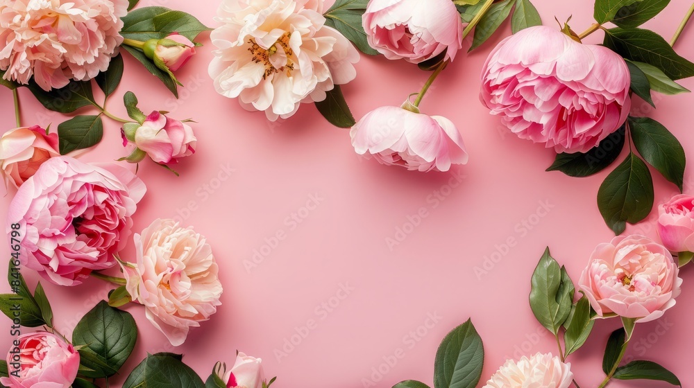 Peonies flowers on background blank top view, spring floral background Peonies flowers on background blank top view, spring floral background