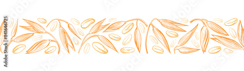 Oat spike, gold seed seamless border. Farm harvest