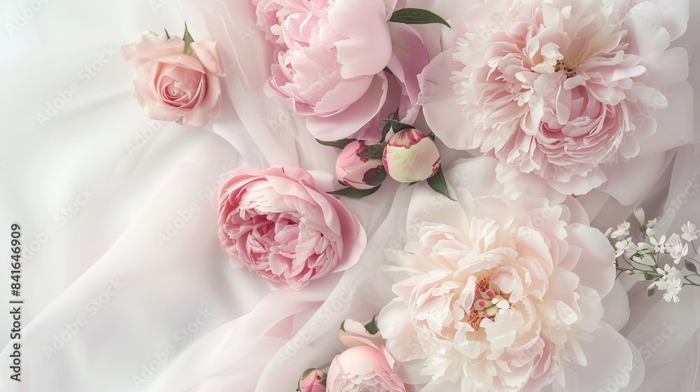 Peonies flowers on background blank top view, spring floral background Peonies flowers on background blank top view, spring floral background