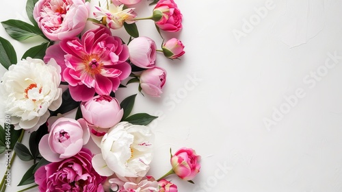Peonies flowers on background blank top view  spring floral background