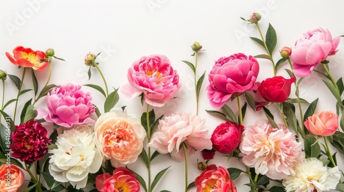 Peonies flowers on background blank top view  spring floral background