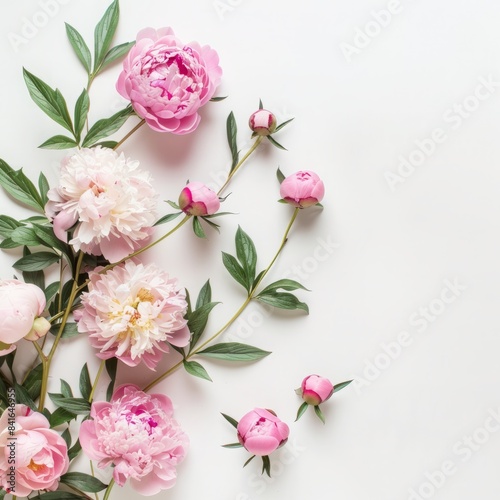 Peonies flowers on background blank top view  spring floral background
