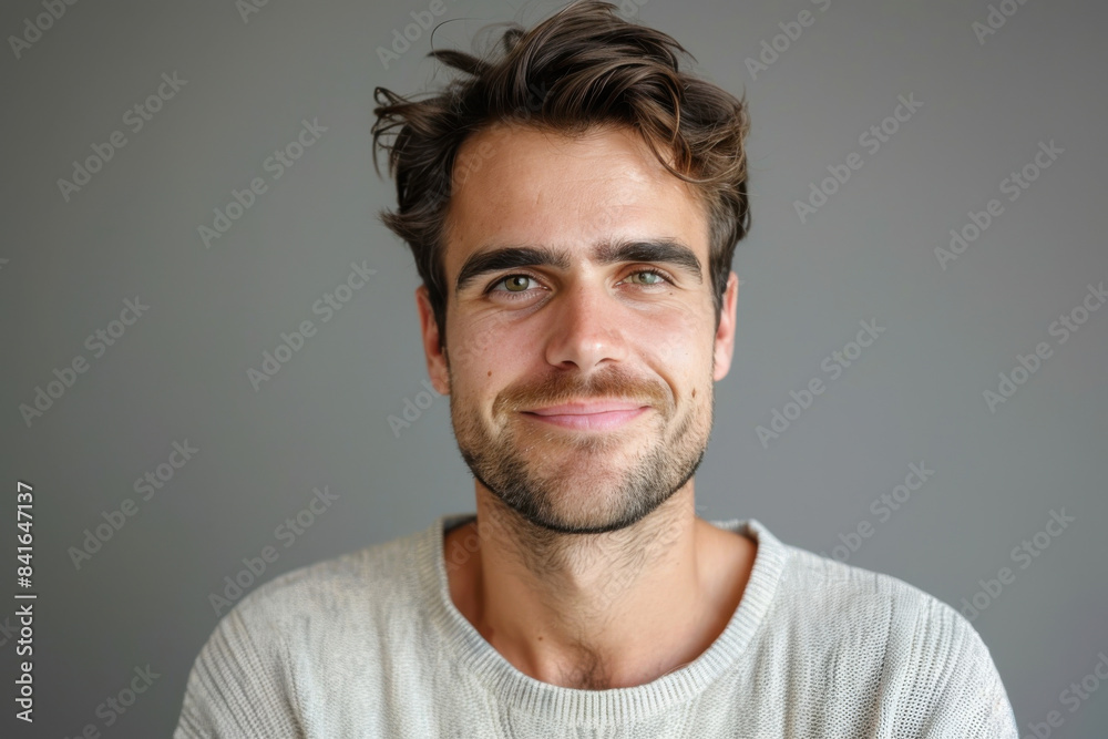 A close up portrait of a young man with a subtle smile A close up portrait of a young man with a subtle smile