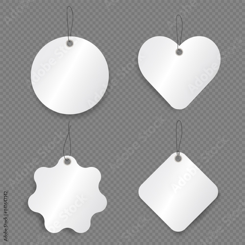 Mock up of 4 white price tags with string for hanging on transparent background. Template of blank discount paper labels for shopping or gift tags, cards, badges with cord. Vector cardboard stickers