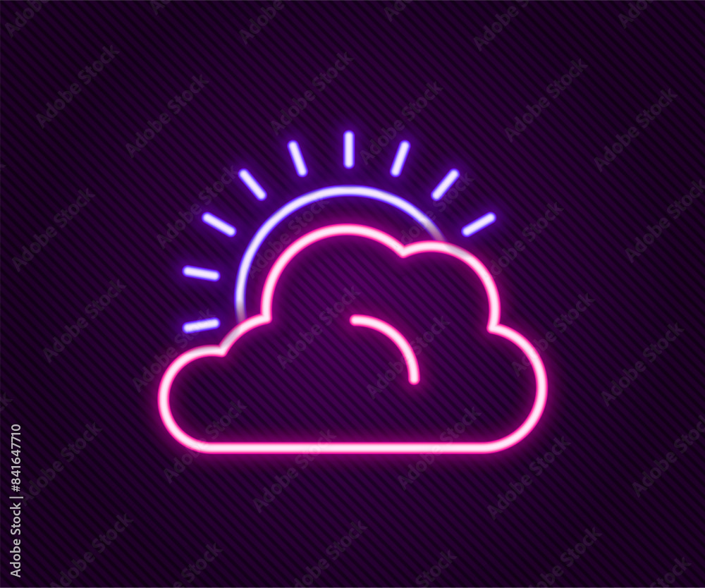 Glowing neon line Sun and cloud weather icon isolated on black background. Colorful outline concept. Vector Glowing neon line Sun and cloud weather icon isolated on black background. Colorful outline concept. Vector
