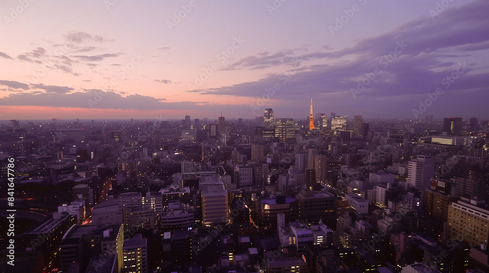 Fototapeta premium Wide-angle photograph captures the vast metropolitan skyline at dusk, as lights gradually illuminate the buildings, creating a mesmerizing scene