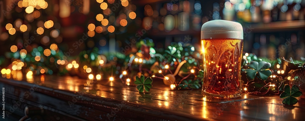 Pint of beer on bar with festive clovers and lights Generative AI image Pint of beer on bar with festive clovers and lights Generative AI image