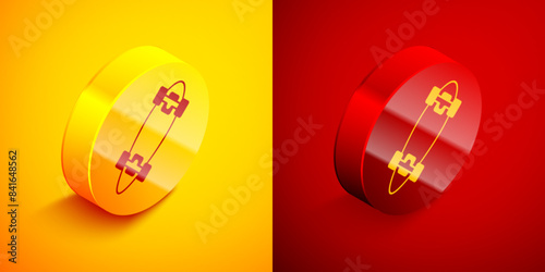 Isometric Longboard or skateboard cruiser icon isolated on orange and red background. Extreme sport. Sport equipment. Circle button. Vector
