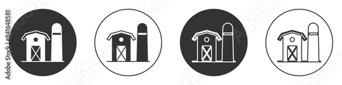 Black Farm house icon isolated on white background. Circle button. Vector