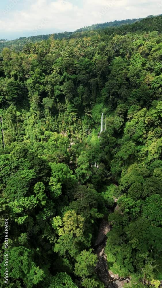 Drone flight towards a Air Terjun Sendang Gile waterfall over the jungle. Lush greenery all around. Sunny day. Senaru. Lombok. Indonesia Drone flight towards a Air Terjun Sendang Gile waterfall over the jungle. Lush greenery all around. Sunny day. Senaru. Lombok. Indonesia