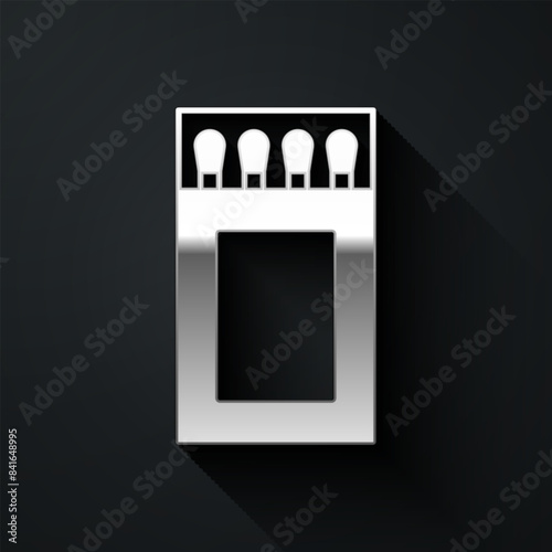 Silver Open matchbox and matches icon isolated on black background. Long shadow style. Vector