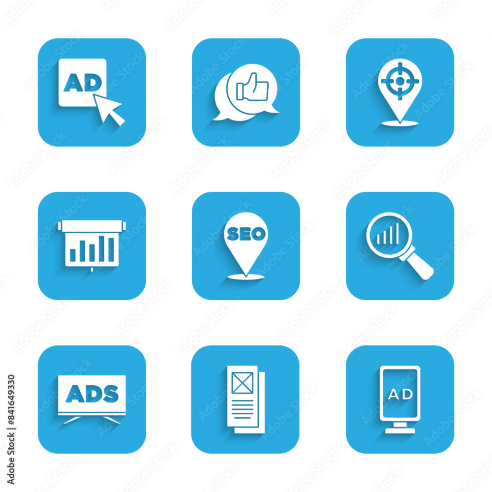 Set SEO optimization, Browser window, Advertising, Magnifying glass and analysis, Board with graph chart, Target sport and icon. Vector Set SEO optimization, Browser window, Advertising, Magnifying glass and analysis, Board with graph chart, Target sport and icon. Vector