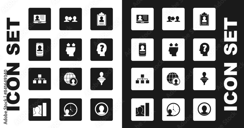 Set Clipboard with resume, User of man, Mobile, Laptop, Head question mark, Project team base, hunting and Hierarchy organogram chart icon. Vector Set Clipboard with resume, User of man, Mobile, Laptop, Head question mark, Project team base, hunting and Hierarchy organogram chart icon. Vector