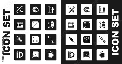 Set Measuring height body, Diagonal measuring, Calendar, Crossed ruler and pencil, Scale with suitcase, Circle of pieces, spoon and Syringe icon. Vector