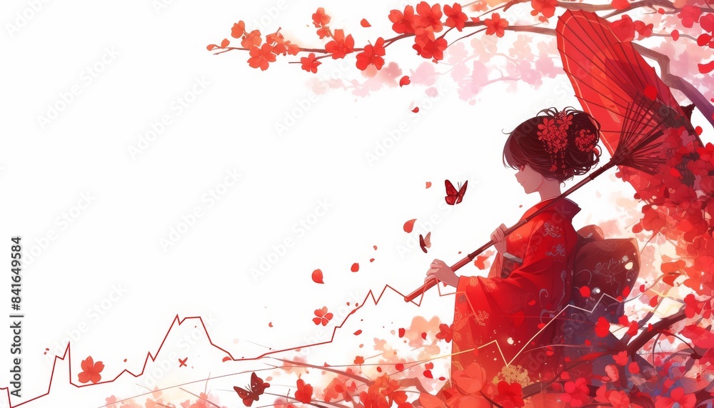 Japanese anime girl in traditional kimono standing under cherry blossom ...