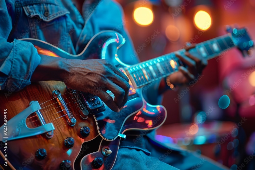 Obraz premium Musician playing electric guitar in vibrant atmosphere