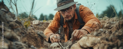 An archaeologist works meticulously to uncover bones during an excavation
