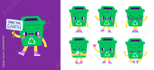 Cartoon recycling bin mascot. Cute green container ecological character emotion set. Childish eco friendly mascot.