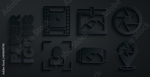 Set Photo frame, Camera shutter, focus line, and film roll cartridge icon. Vector