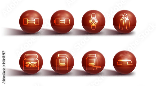 Set line Dumbbell, Sports nutrition, expander, Step platform and Smartwatch icon. Vector