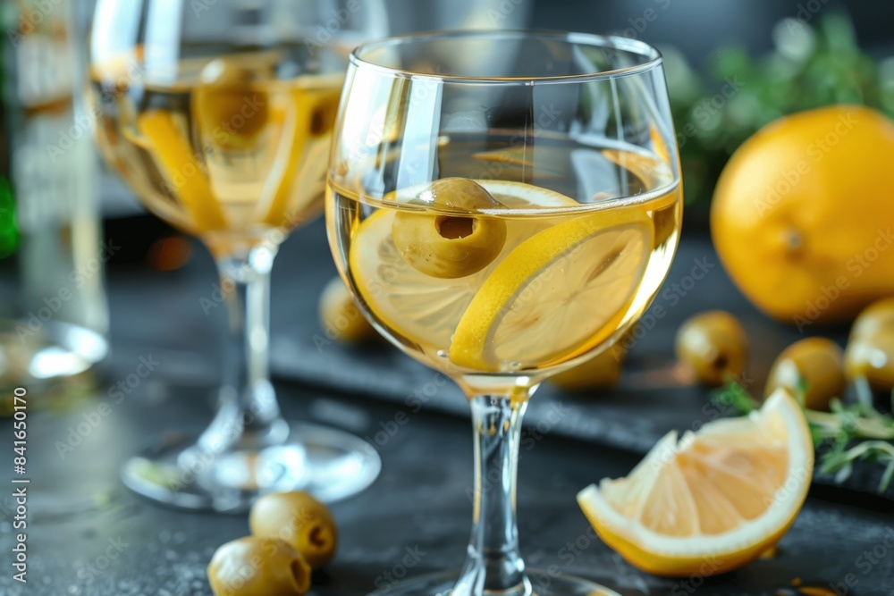 Elegant Cocktail with Lemon and Olive Garnish Elegant Cocktail with Lemon and Olive Garnish