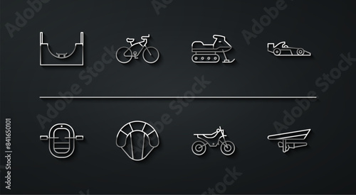 Set line Skate park, Rafting boat, Formula 1 racing car, Mountain bike, Parachute, Bicycle, Hang glider and Snowmobile icon. Vector