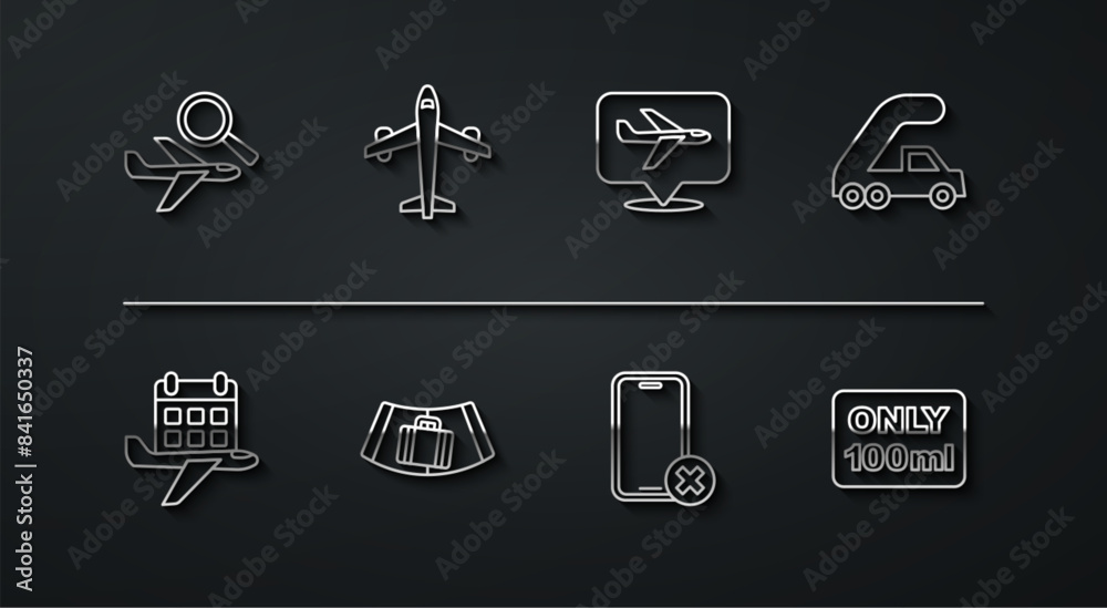Set line Airplane search, Calendar and airplane, Passenger ladder for boarding, No cell phone, Conveyor belt with suitcase, Plane, Liquids carry-on baggage and icon. Vector Set line Airplane search, Calendar and airplane, Passenger ladder for boarding, No cell phone, Conveyor belt with suitcase, Plane, Liquids carry-on baggage and icon. Vector