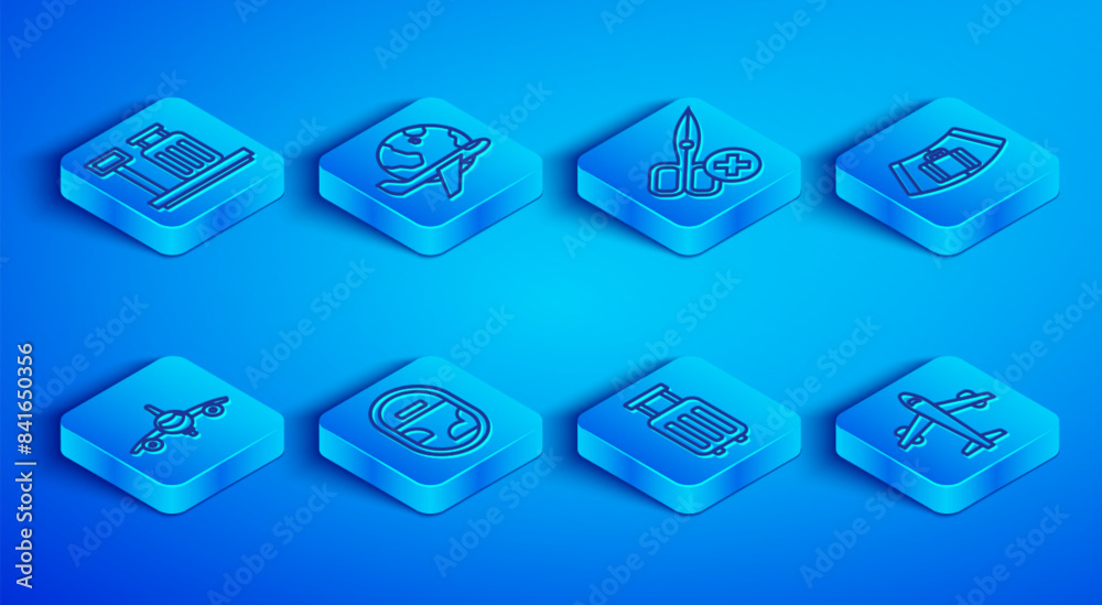 Set line Scale with suitcase, Globe flying plane, No scissors, Airplane window, Suitcase, Conveyor belt, Plane and icon. Vector
