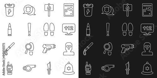 Set line British police helmet, Thief mask, Telephone call 112, Protest, Baseball bat, Bullet, Police electric shocker and Footsteps icon. Vector