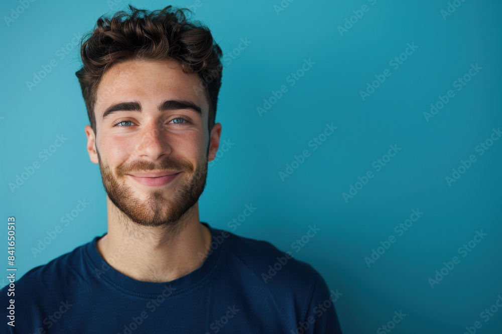 A close up portrait of a young man with a subtle smile