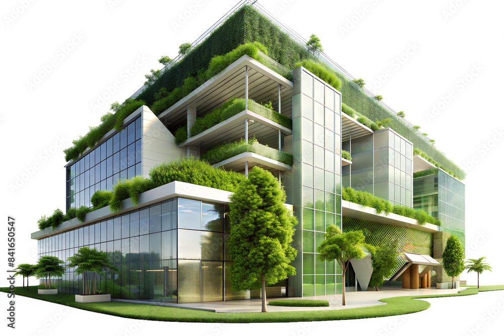 Fototapeta premium Modern, eco-friendly buildings with green roofs and vertical gardens on white background. Ai generated
