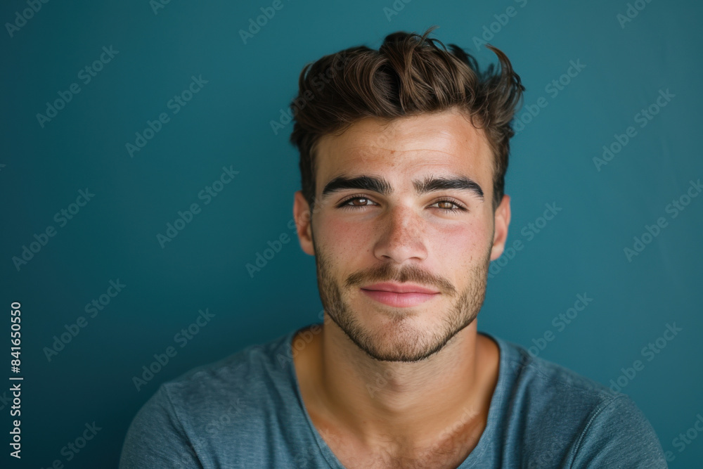 A close up portrait of a young man with a subtle smile A close up portrait of a young man with a subtle smile
