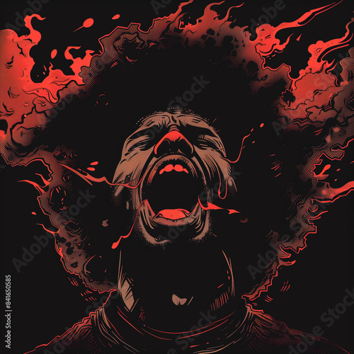 Digital art depicting a person screaming with fiery  abstract effects in vibrant red and black tones.