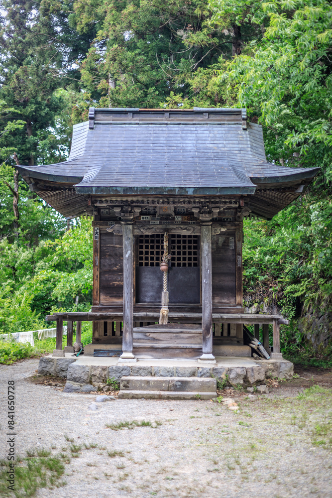 Tranquil Shinto Shrine in Verdant Forest, Iimori Mountain, Aizuwakamatsu, Japan Tranquil Shinto Shrine in Verdant Forest, Iimori Mountain, Aizuwakamatsu, Japan
