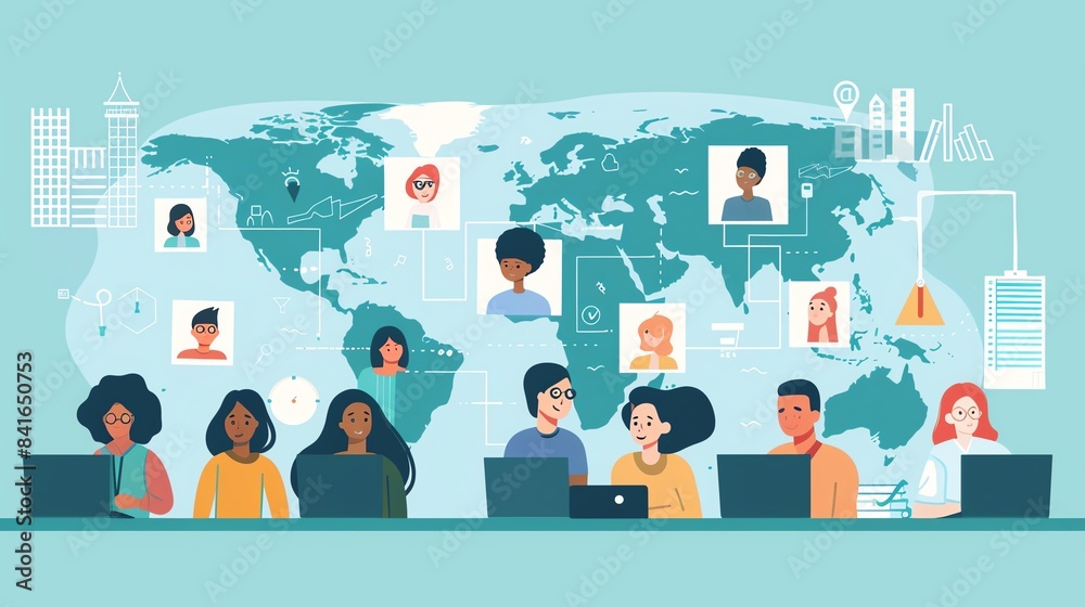 Global team collaboration concept with diverse professionals working online, connected through a map with various avatars representing teamwork Global team collaboration concept with diverse professionals working online, connected through a map with various avatars representing teamwork