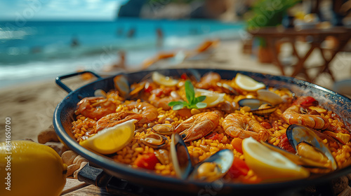 A delicious paella dish, with its colorful ingredients and large shrimps and mussels in the center of it on an outdoor table at the beach.
