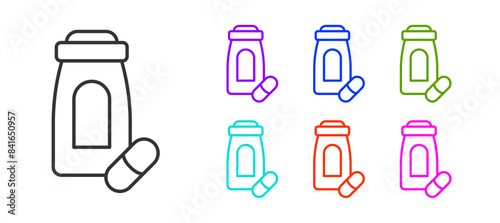 Black line Sedative pills icon isolated on white background. Set icons colorful. Vector