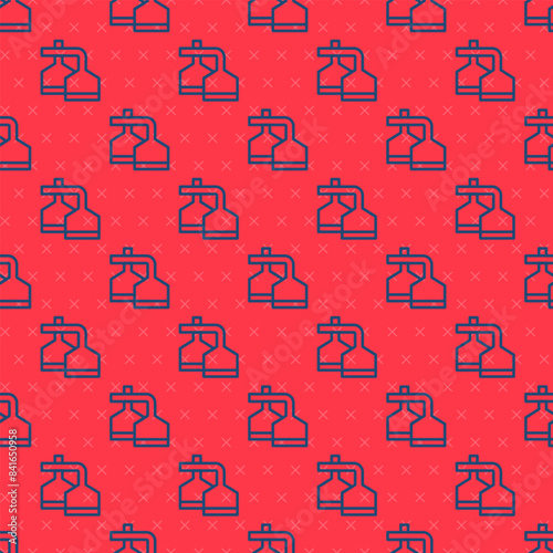 Blue line Traditional brewing vessels in brewery icon isolated seamless pattern on red background. Beer brewing process. Distillery plant, brewery. Vector