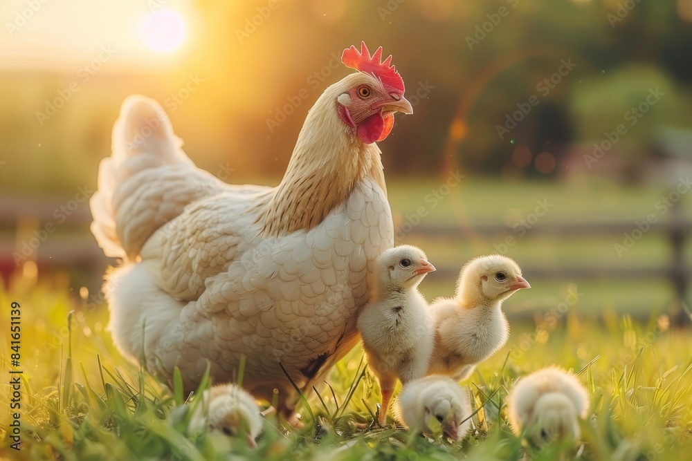 Fototapeta premium Mother hen with chicks in natural habitat, farmyard birds in beautiful outdoor setting
