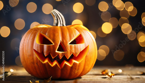 Scary Halloween pumpkin on wooden table against dark backdrop with bokeh lights. Jack o' lantern