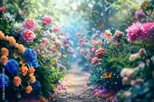 Fototapeta Naklejka Na Ścianę i Meble -  Serene and Colorful Flower Garden with Butterfly Fluttering Around a Charming Pathway, Ideal for Nature Posters