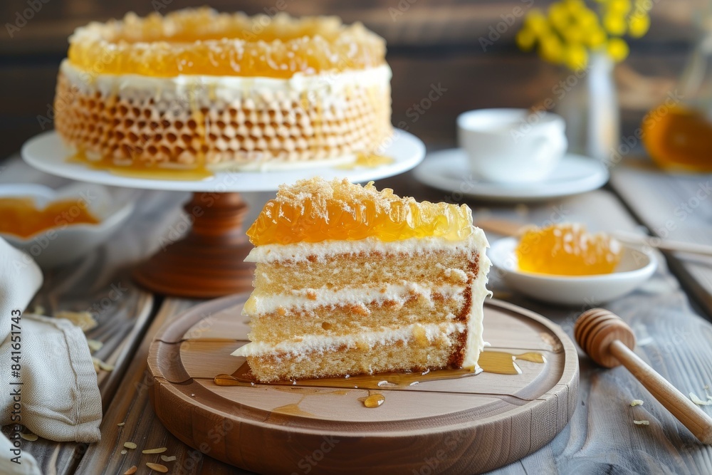 Slice of homemade honey cake with cup of tea, on a wooden background Slice of homemade honey cake with cup of tea, on a wooden background