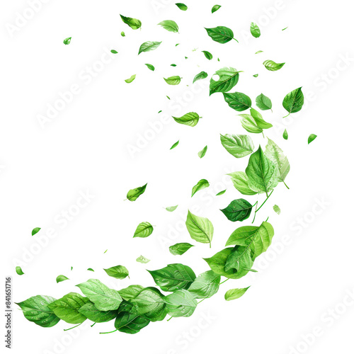 Green leaves fly with a gust of wind isolated on transparent png