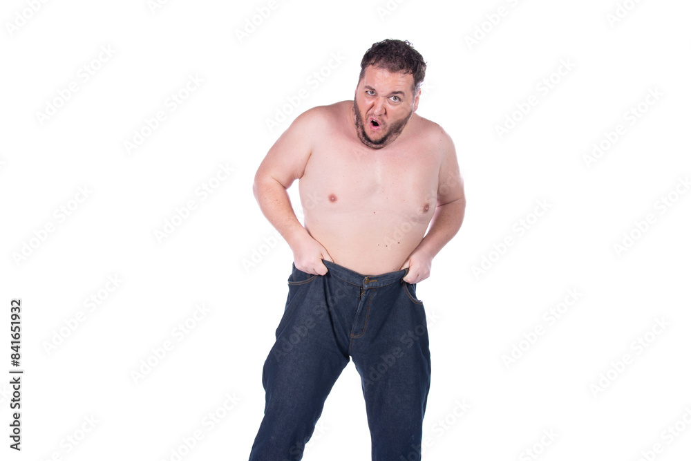 Funny fat man on a diet. White background. Funny fat man on a diet. White background.
